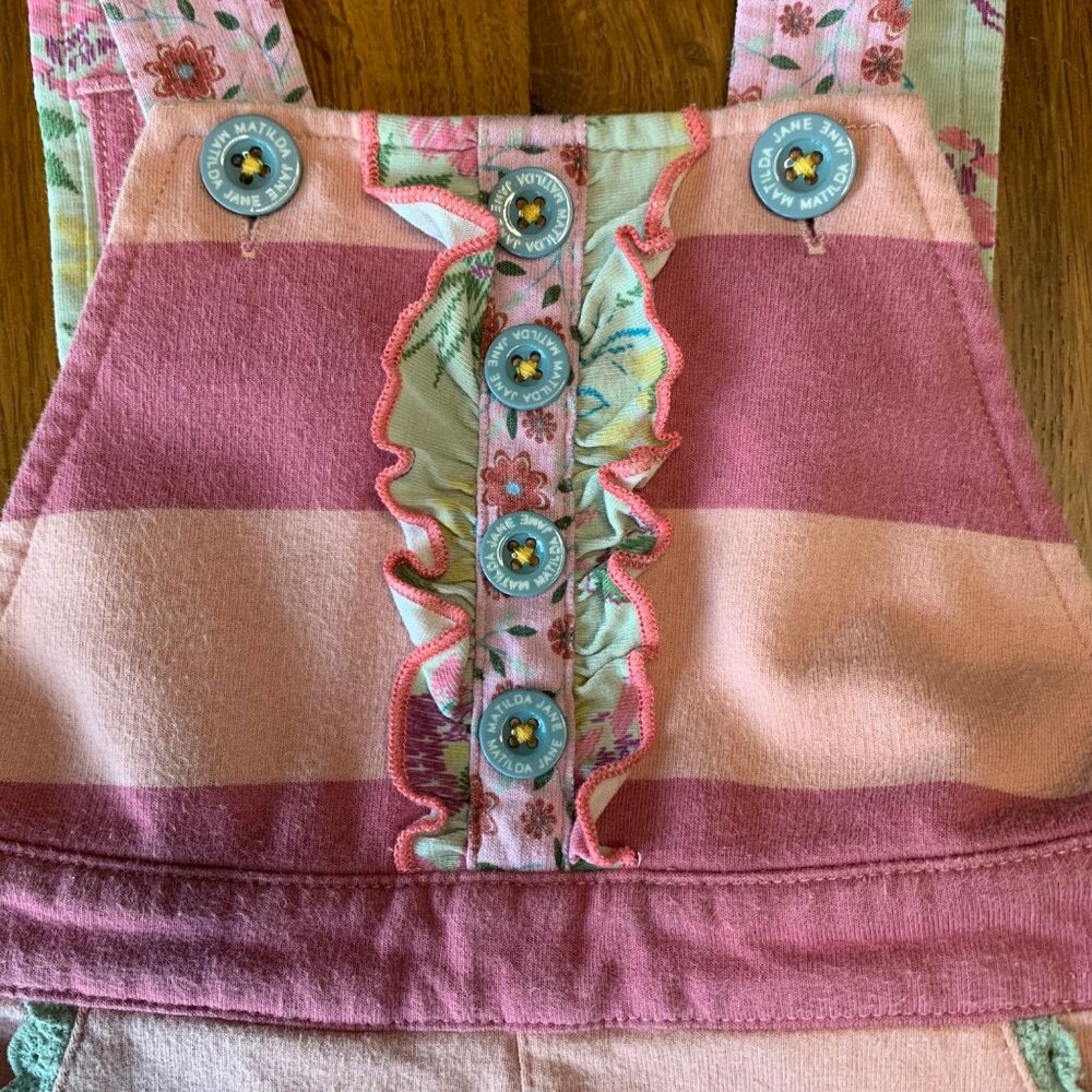 MATILDA JANE Striped Overalls Girls 12-18 Mos Pink Stripes Floral Ruffles Romper - Picture 6 of 11